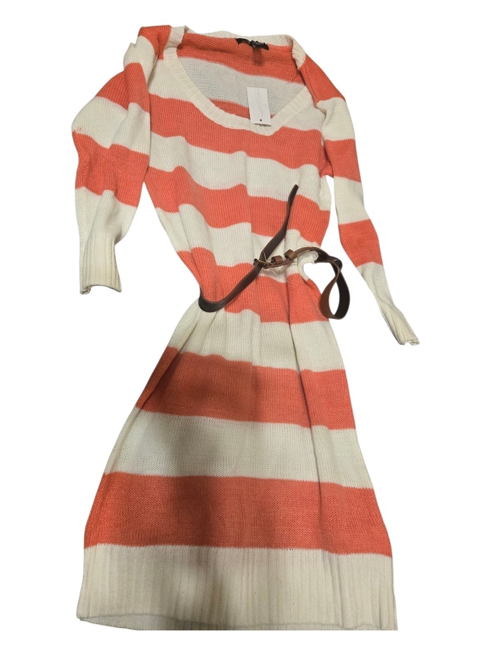 Women’s Coral and Cream Striped Knit Sweater Dress with Belt